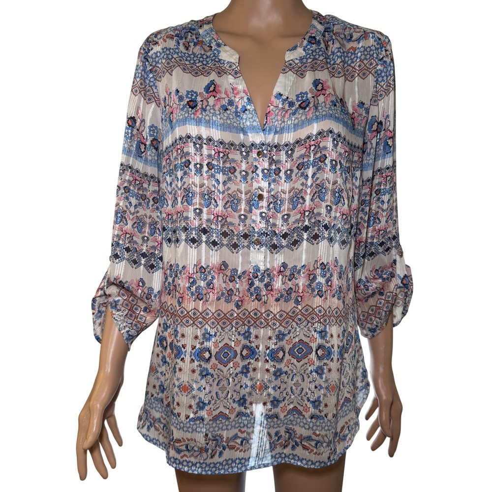 Sara Michelle Boho Floral Geometric Metallic Stripe Roll Tab Blouse Blue‎ Pink M